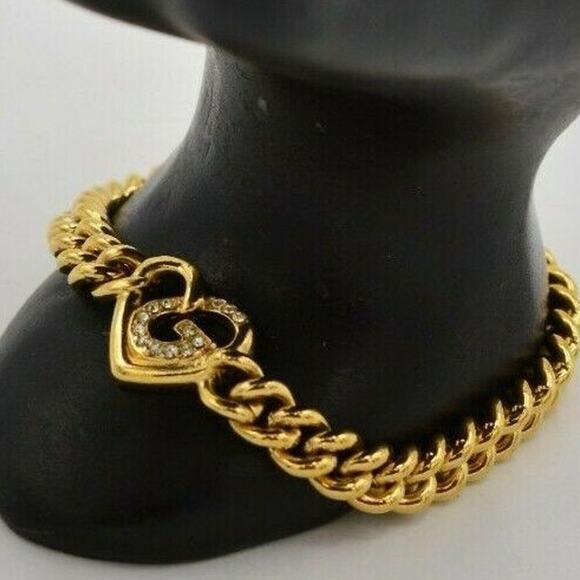 Givenchy Vintage Logo Heart Bracelet Crystal Gold Cuban Chain Signed 1980s Bin2 - Picture 3 of 12